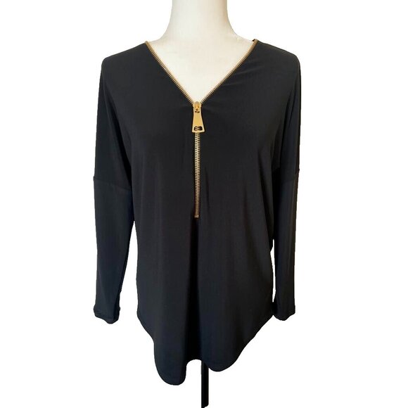 JOSEPH RIBKOFF Long Sleeve Top Size 8 Black Partial Front Gold Zipper Neckline - Picture 1 of 8